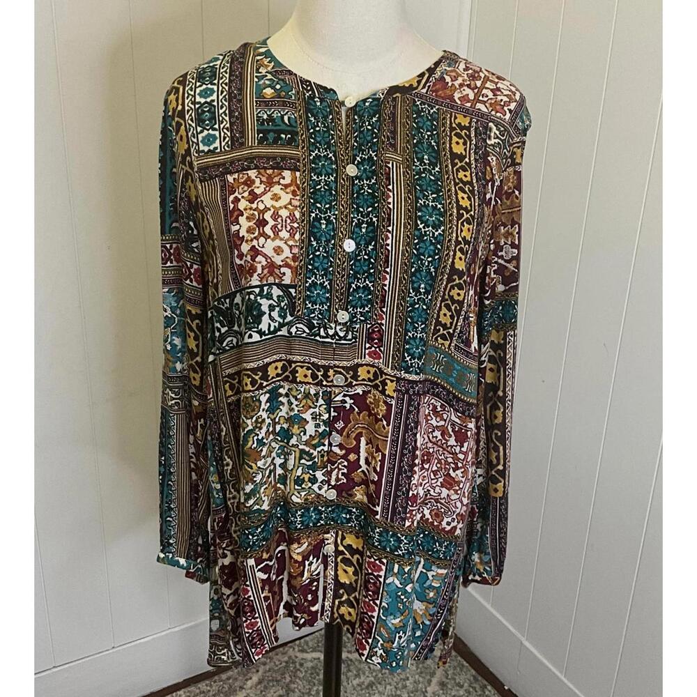 J. Jill Women XL Long Sleeve Patchwork Eclectic Tunic Shirt Blouse Top